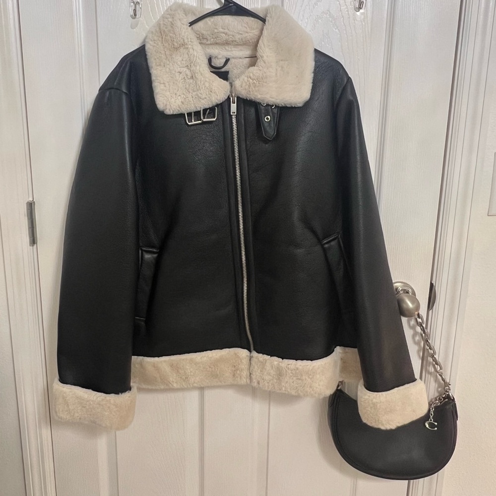 Nasty Gal Black and Cream Leather Jacket